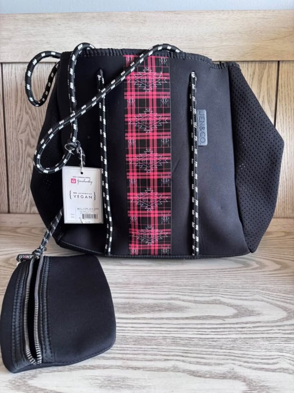 JEN & CO. Meribella Tote Bag New with Tags Black Red Plaid Neoprene